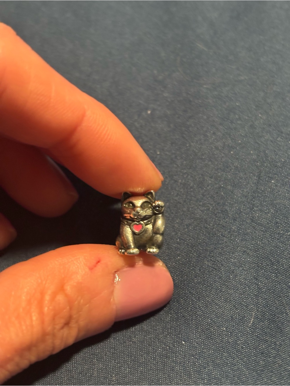 Pandora Silver Lucky Cat Charm with Pink Heart Accent